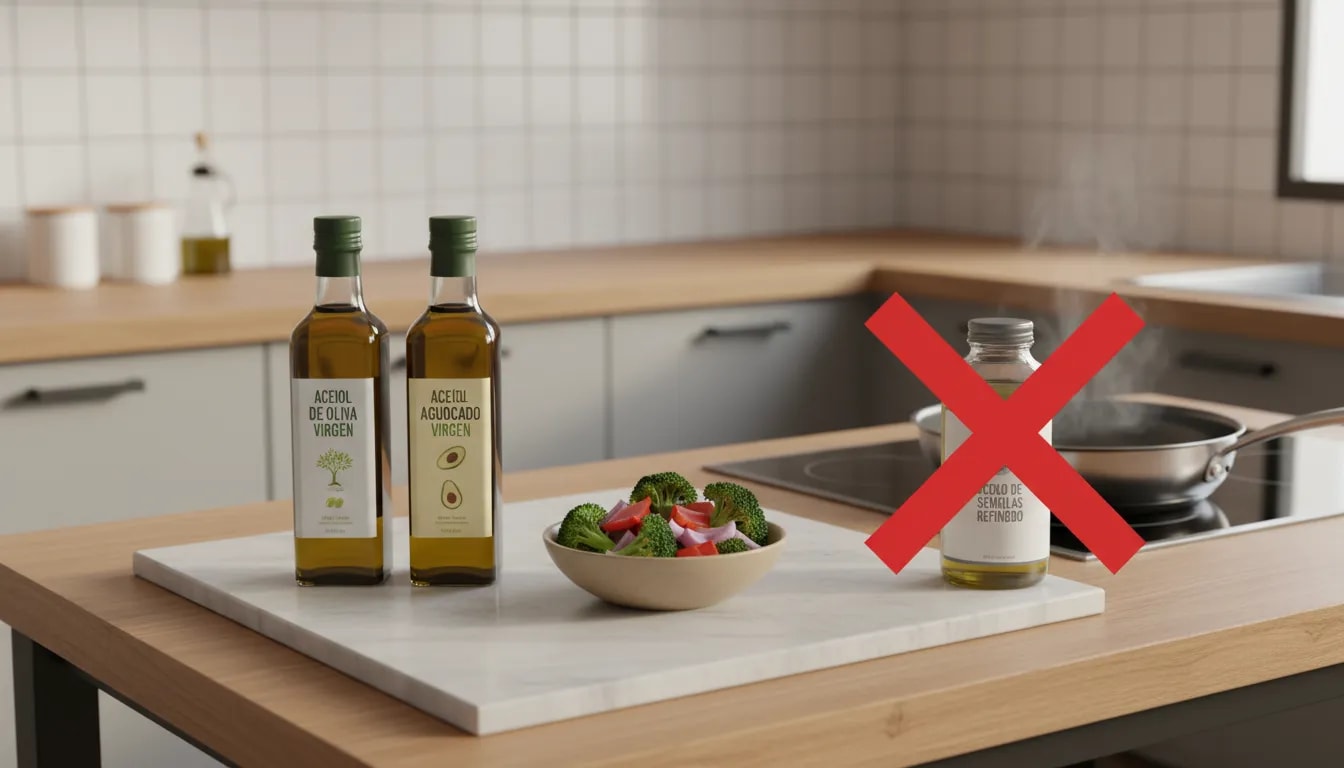 Aceites recomendados para cocinar con moderación: aceite de oliva virgen y aceite de aguacate virgen, evitando aceites de semillas refinados para altas temperaturas