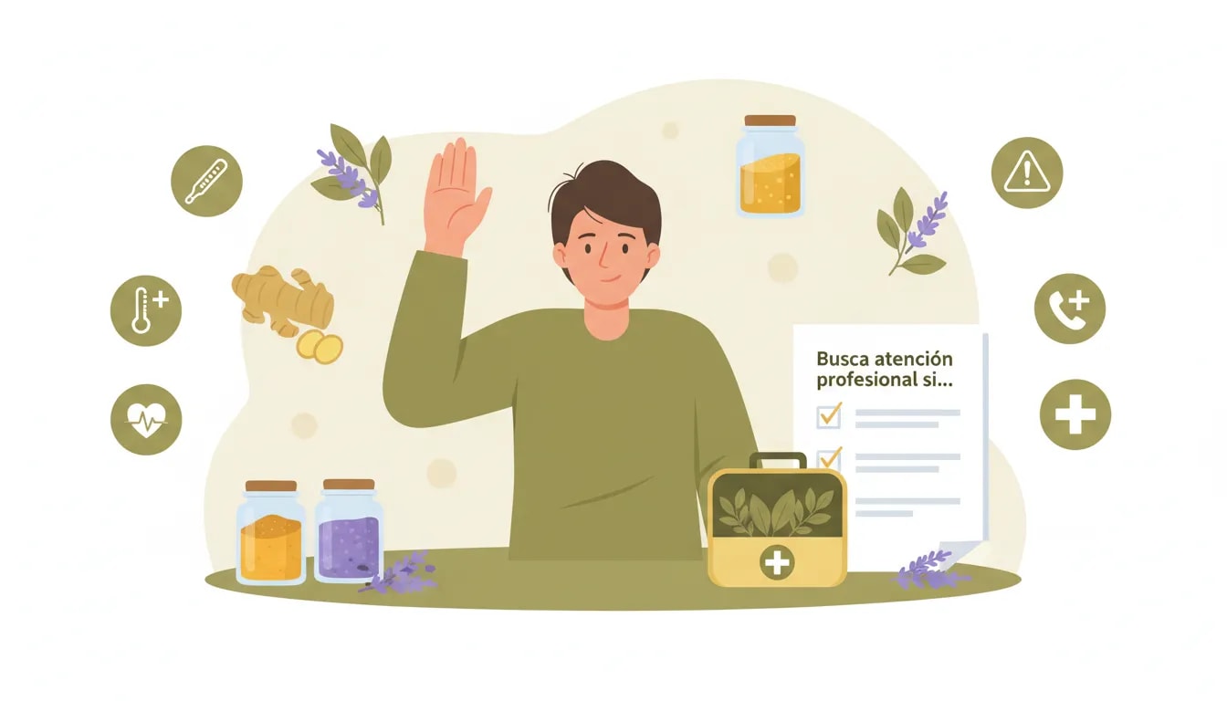 Checklist de señales de alerta antes de usar hierbas para el dolor, con iconos médicos y frascos de cúrcuma, jengibre, clavo y lavanda