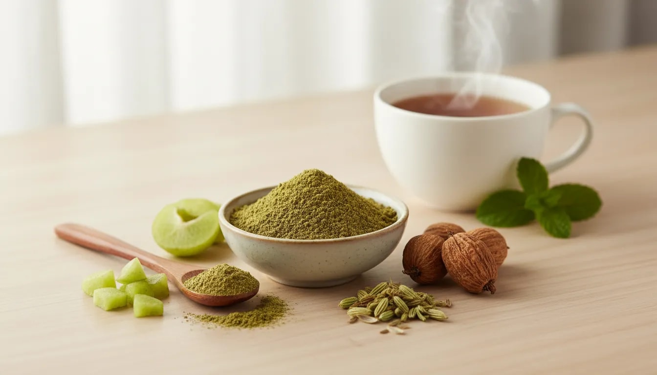 Avipattikar churna ayurvédica con amla, haritaki e hinojo y una taza de agua tibia para aliviar la acidez