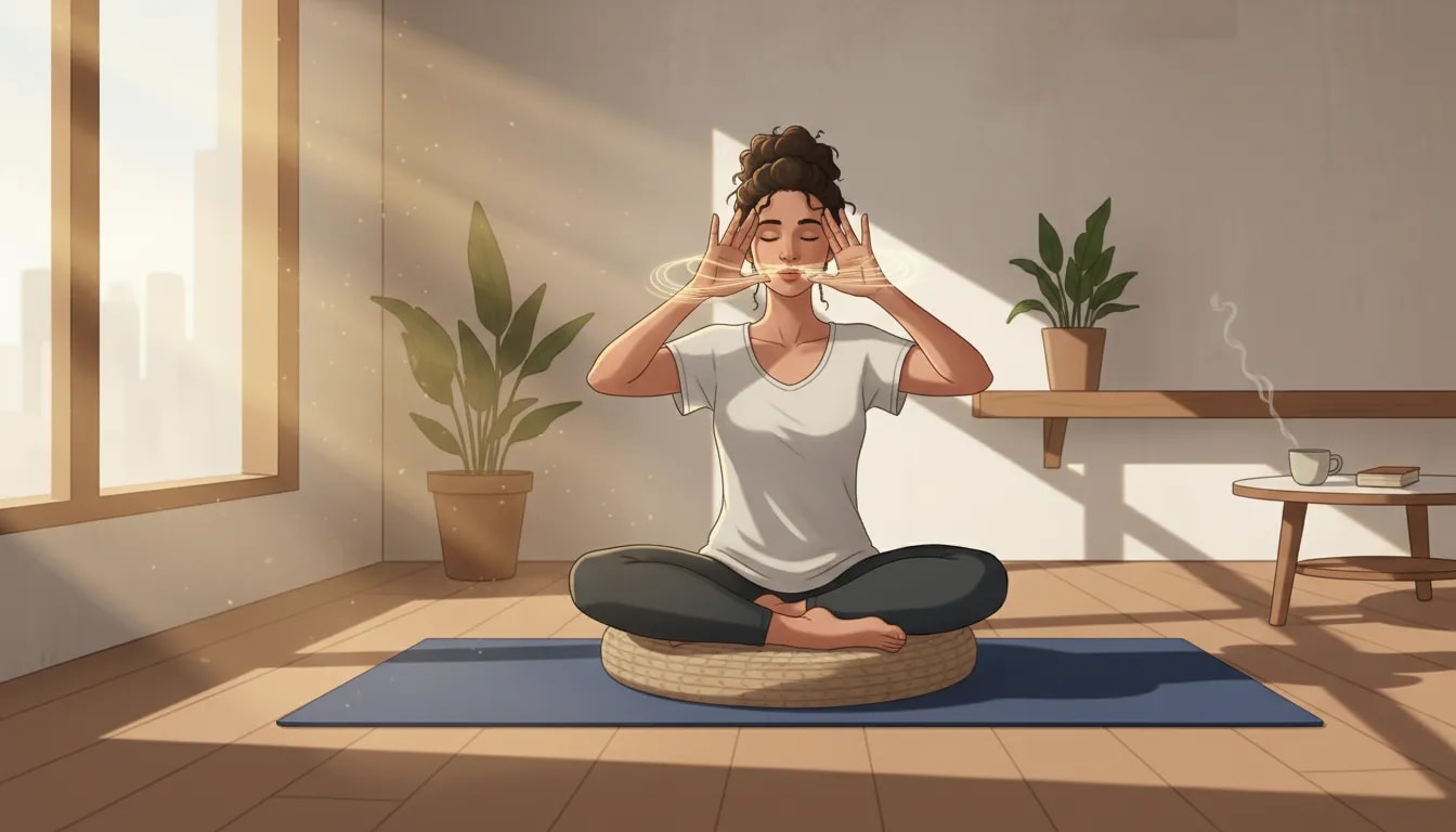 Persona practicando Bhramari (respiración zumbante) sentada en yoga para relajación y reducción de tensión
