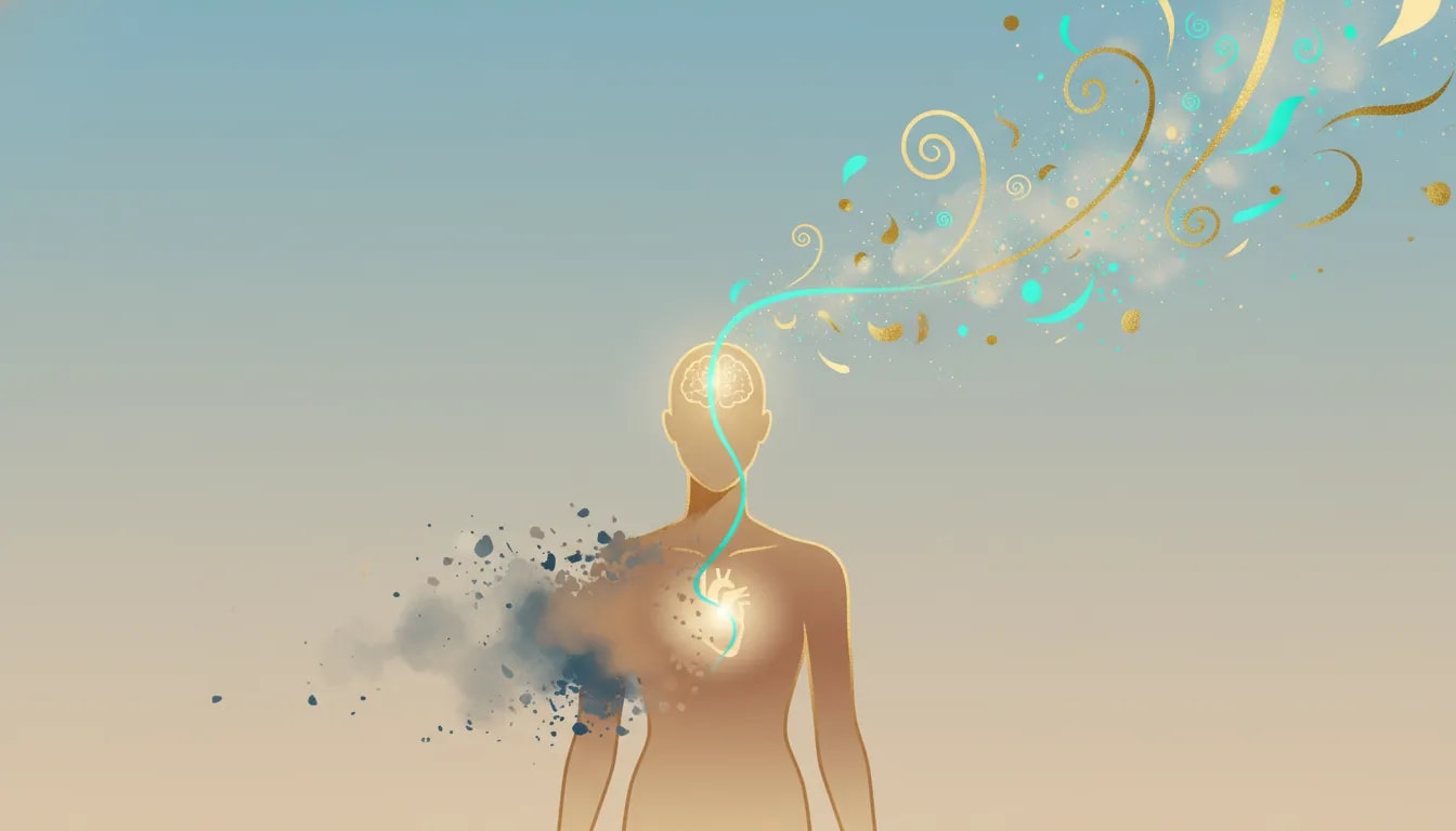 Ilustración de conexión corazón-cerebro con un resplandor en el pecho que simboliza regulación emocional y divinidad humana para trascender el miedo y volver a decidir.