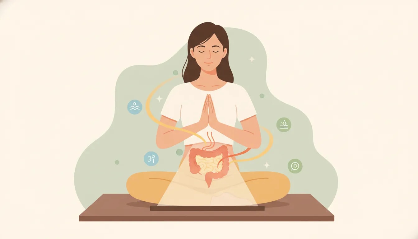 Persona meditando y respirando para controlar el estrés y apoyar la digestión y salud intestinal