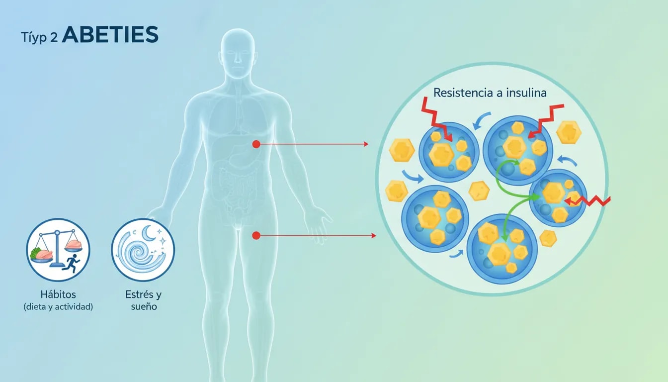 Ilustración de diabetes tipo 2 explicando la resistencia a la insulina y cómo la dieta, el movimiento, el yoga y la respiración ayudan a mejorar el control de la glucosa.