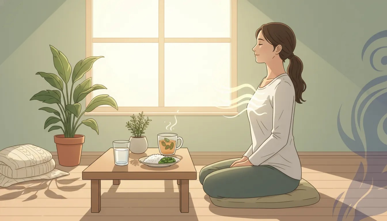 Persona sentada con espalda recta y té de hierbas después de comer, con hábitos diarios ayurvédicos para reducir la acidez