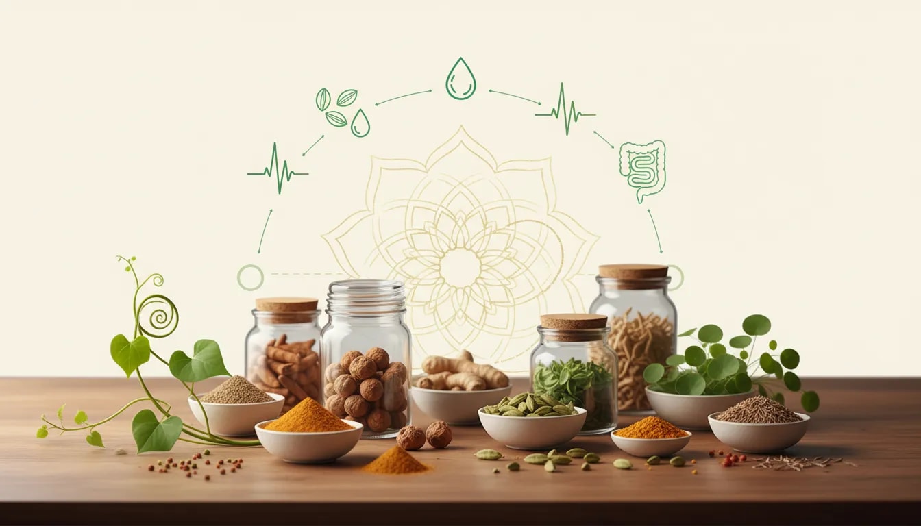 Hierbas ayurvédicas para apoyar el metabolismo (Guduchi, Triphala y Brahmi) con un esquema visual de glucosa, lípidos, presión y digestión