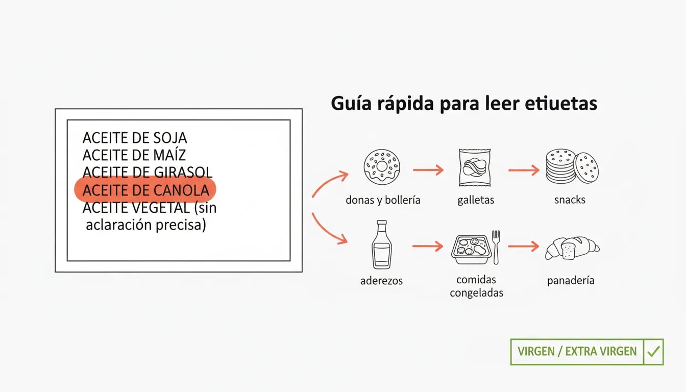 Infografía para leer etiquetas: aceites de soja, maíz, girasol y canola (y aceite vegetal sin aclaración) y dónde aparecen en productos envasados.