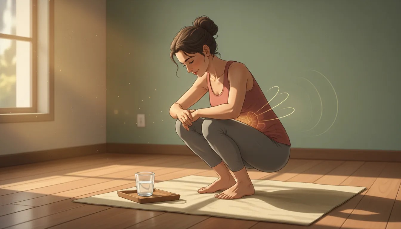 Persona practicando Laghu Shankha Prakshalana con estómago vacío y vaso de agua tibia salina en un espacio de yoga