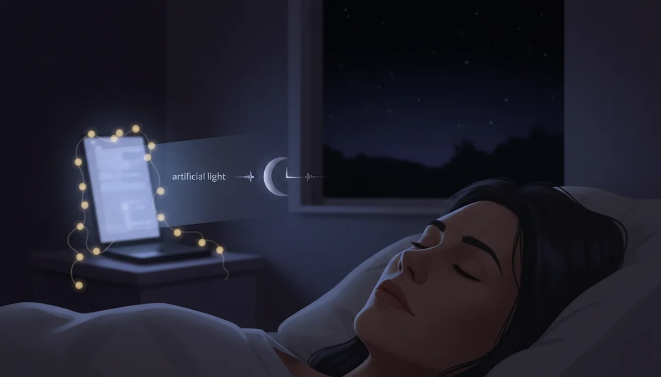 Ilustración nocturna que muestra cómo la luz artificial de pantallas y LED puede alterar el descanso y dificultar conciliar el sueño