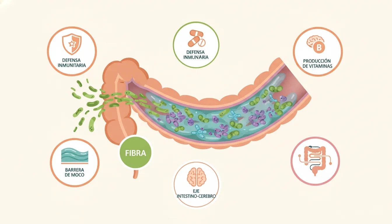 Ilustración del microbioma intestinal y cómo la fibra alimenta bacterias beneficiosas para fortalecer la barrera de moco