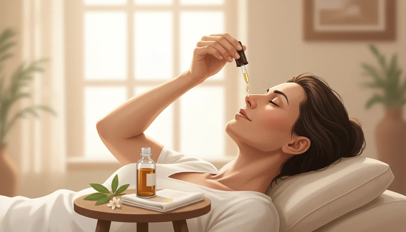 Persona recostada aplicando aceite nasal (nasya) con gotero para lubricar las vías nasales