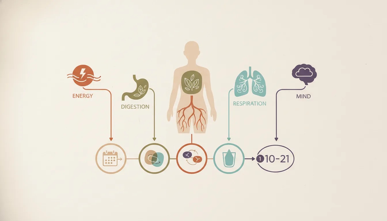 Ilustración tipo infografía con cinco elementos del cuerpo y un checklist de 3 pasos para registrar señales, relacionar patrones y priorizar 1 elemento durante 10 a 21 días
