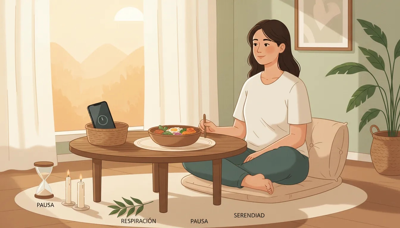 Persona en calma evitando pantallas mientras come e introduciendo micro pausas para reducir la estimulación continua