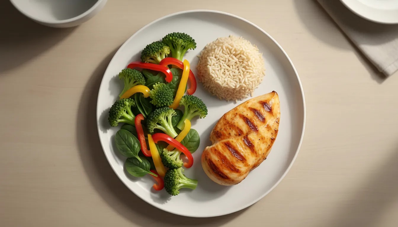 Plato equilibrado para planificar comidas: mitad vegetal, proteína y carbohidratos como complemento