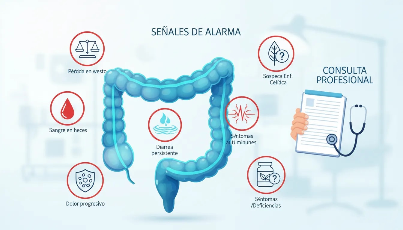 Ilustración de señales de alarma intestinales para saber cuándo buscar ayuda profesional, con iconos de pérdida de peso, sangre en heces y diarrea persistente