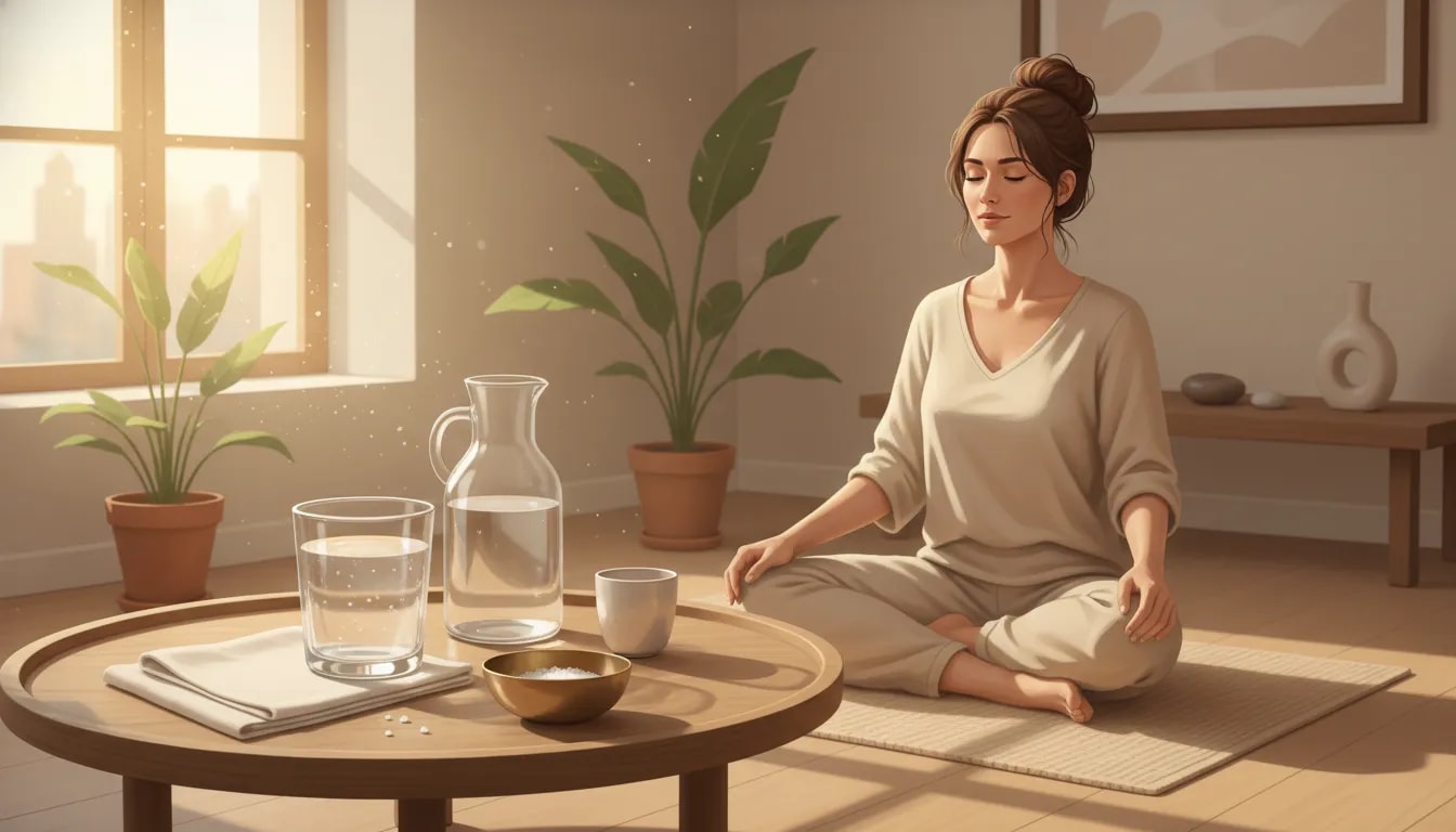 Persona al amanecer con vaso de agua tibia con sal para preparar Shankh Prakshalana en casa