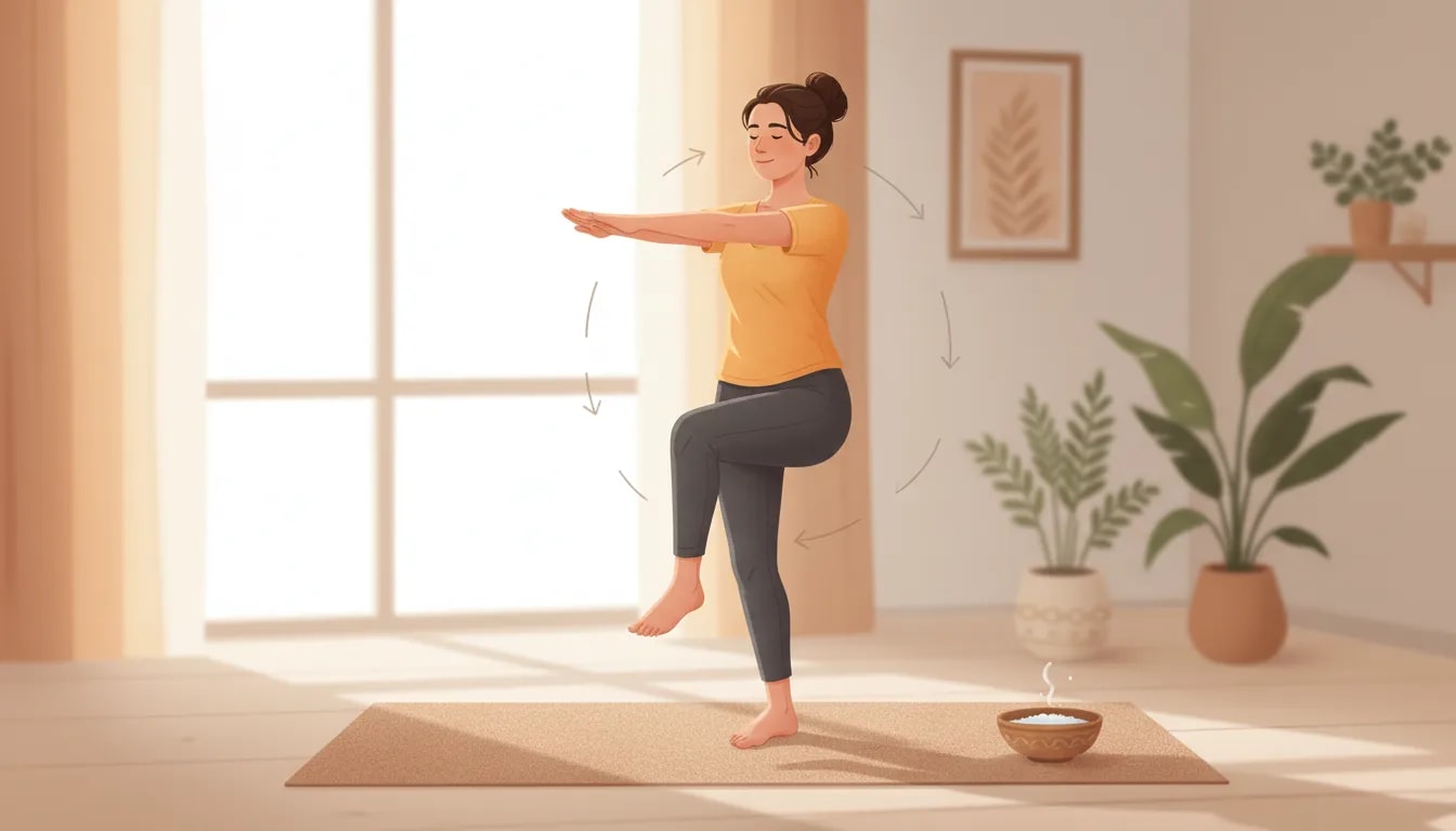 Persona haciendo Vakrasana durante Shankh Prakshalana y repitiendo el ciclo de asanas tras beber agua tibia con sal