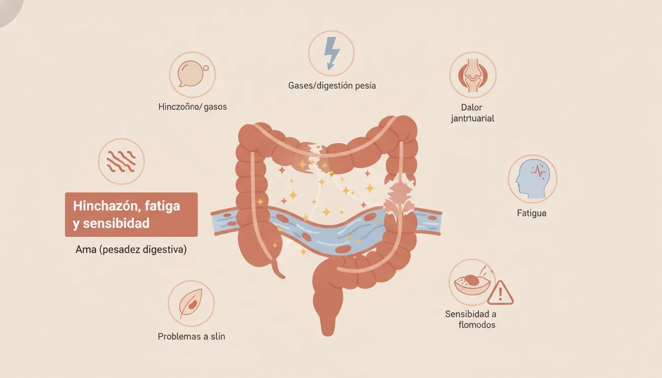 Ilustración del intestino permeable mostrando síntomas digestivos y señales no digestivas asociadas y el concepto ayurvédico de ama