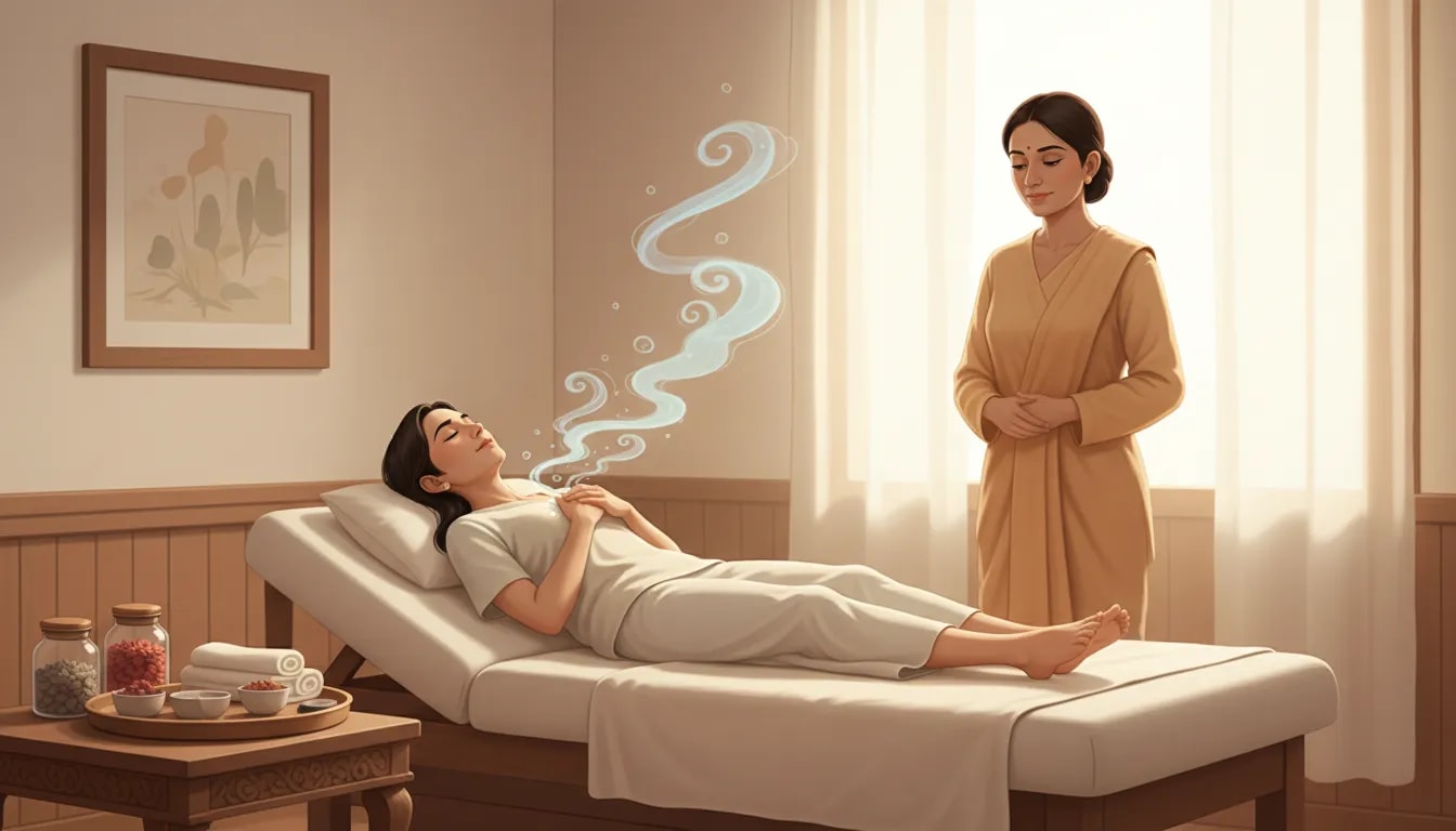 Ilustración de Vaman Kriya en Ayurveda para depuración de Kapha y congestión crónica, con supervisión experta y ambiente clínico sereno