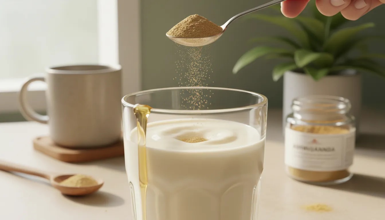 Vaso de leche tibia con polvo de ashwagandha y un toque de miel, preparación para tomar en momentos de estrés