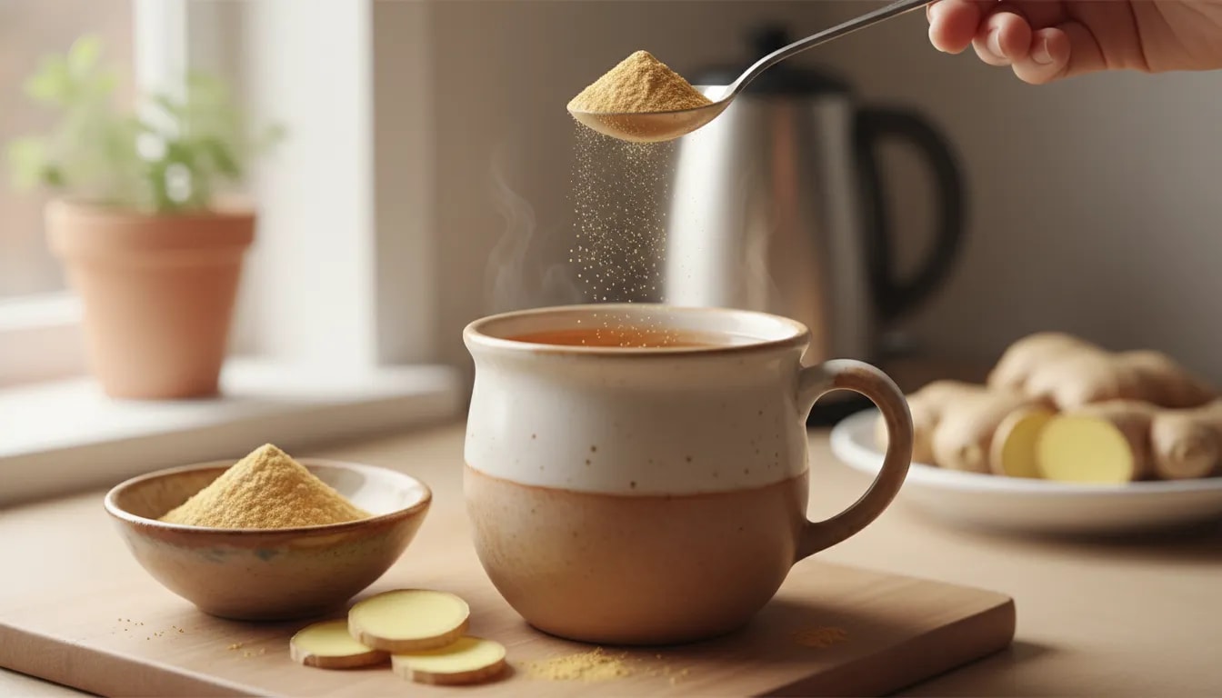 Taza de agua caliente matutina con jengibre en polvo, estilo ayurveda para activar la digestión