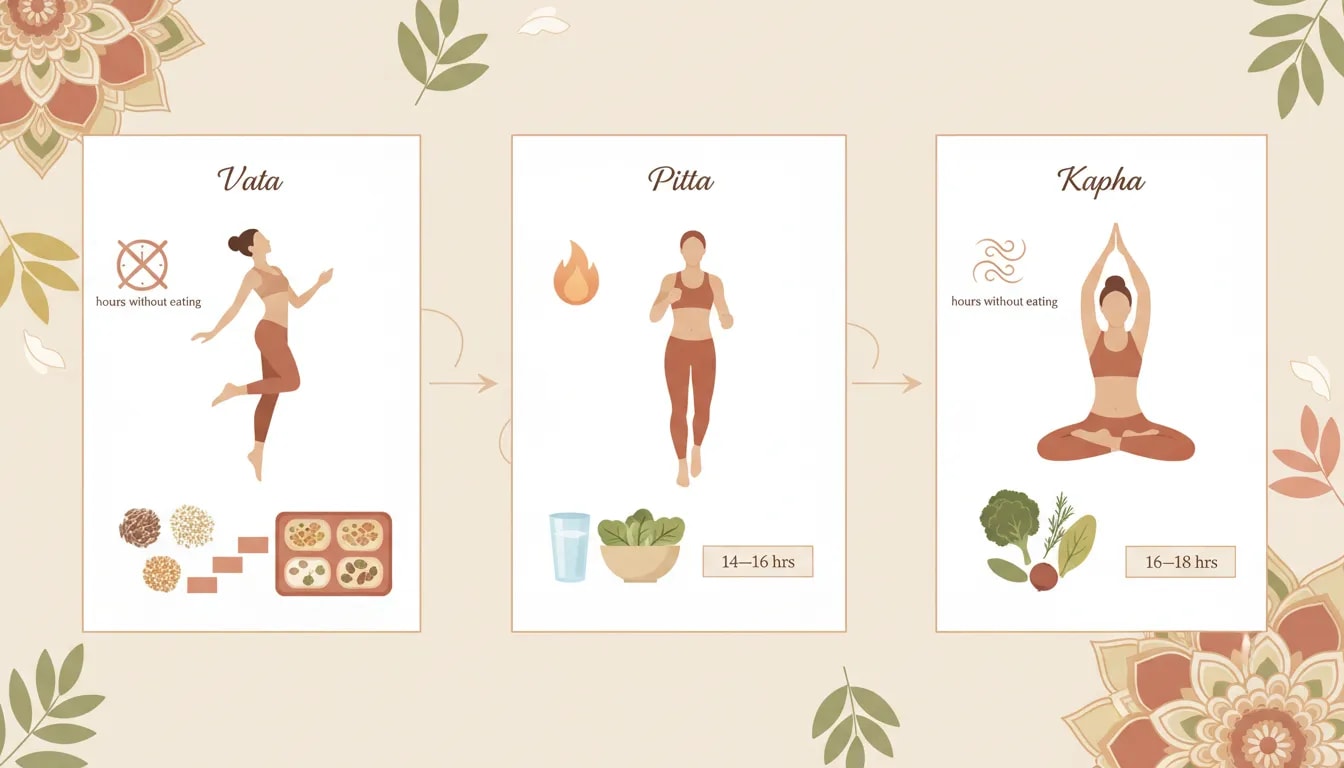 Infografía ilustrada que muestra cómo adaptar ayuno, frecuencia de comidas y entrenamiento según los doshas Vata, Pitta y Kapha
