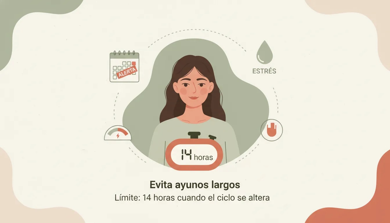 Mujer en edad fértil con reloj de 14 horas e iconos de ciclo menstrual y señales de estrés para evitar ayunos largos