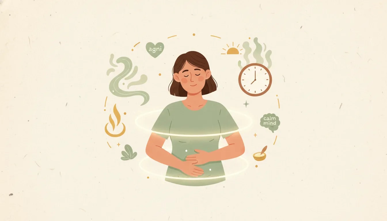 Ilustración del enfoque ayurvédico para el cansancio y la hinchazón: digestión, rutina y equilibrio mental