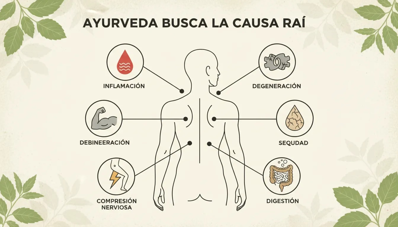 Ilustración que muestra cómo Ayurveda identifica la causa raíz del dolor de espalda con signos como inflamación, degeneración, debilidad muscular, compresión nerviosa y sequedad.