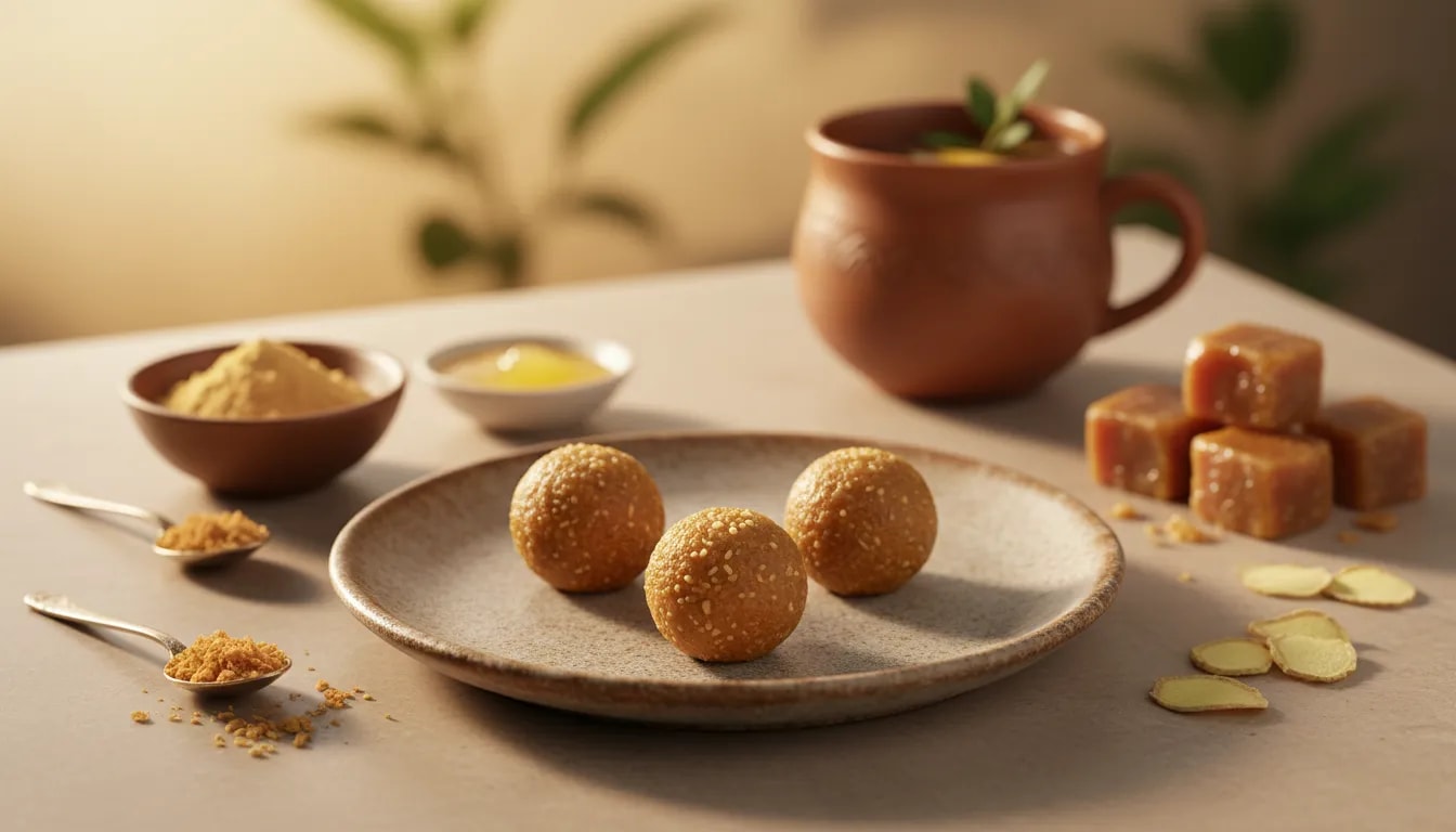 Bolitas de jengibre seco con jaggery y ghee para apoyar la digestión y reducir la hinchazón