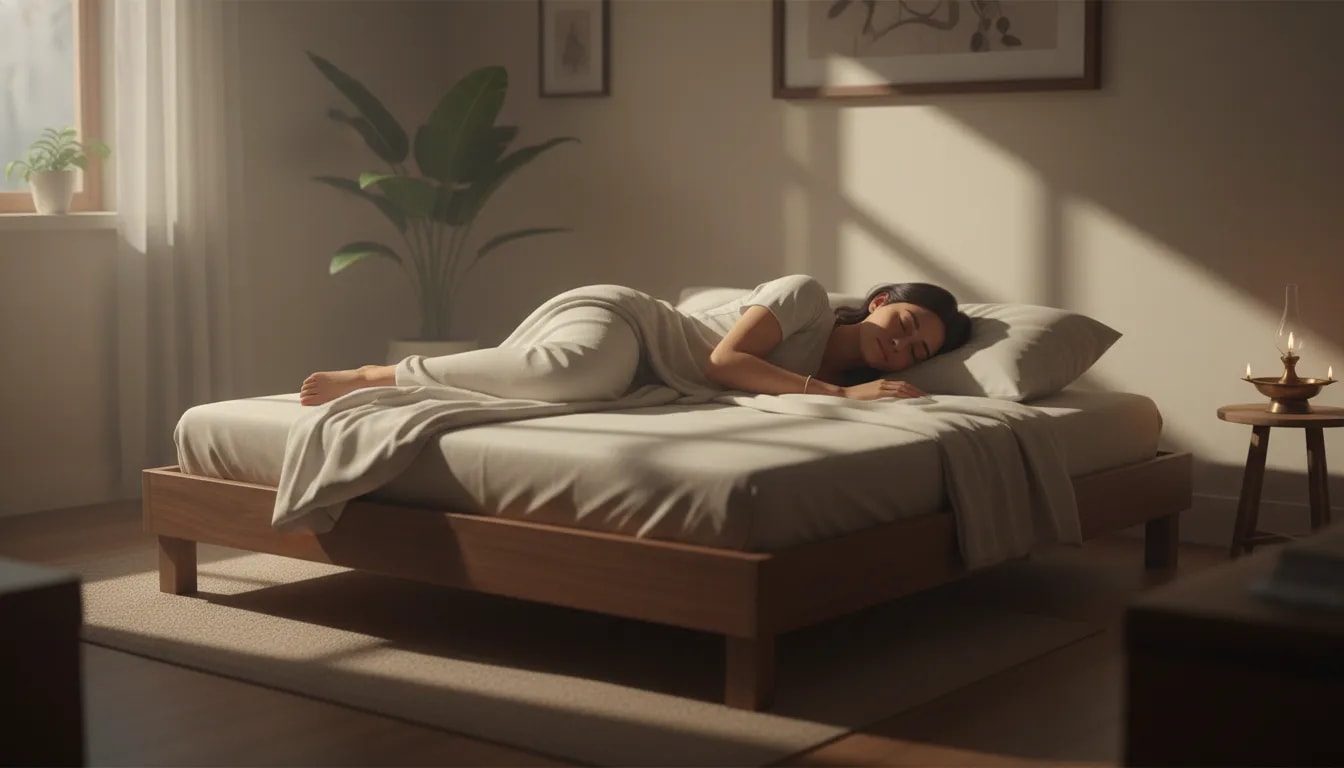 Cama baja y estable para favorecer el descanso según Ayurveda, con luz suave de madrugada y ambiente tranquilo de sueño