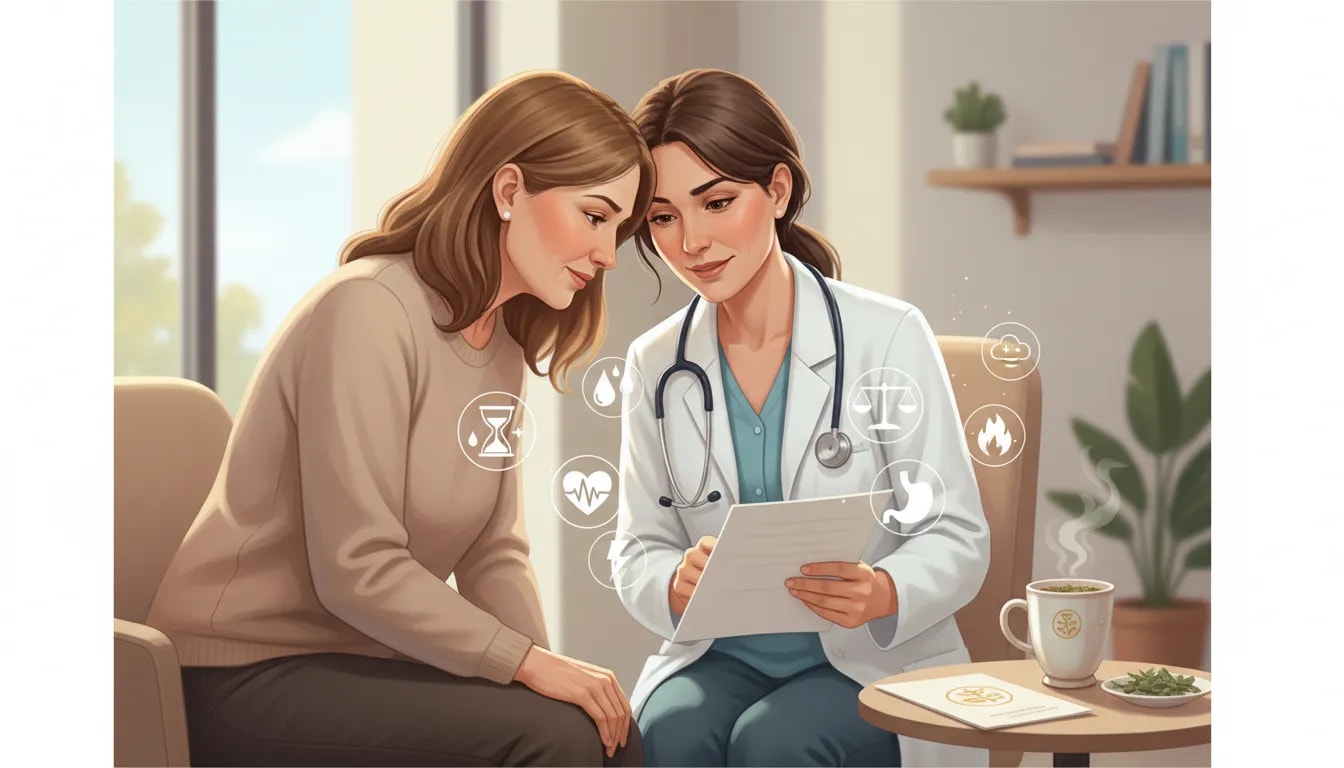 Mujer consultando con una profesional de salud por síntomas de perimenopausia y señales de alarma