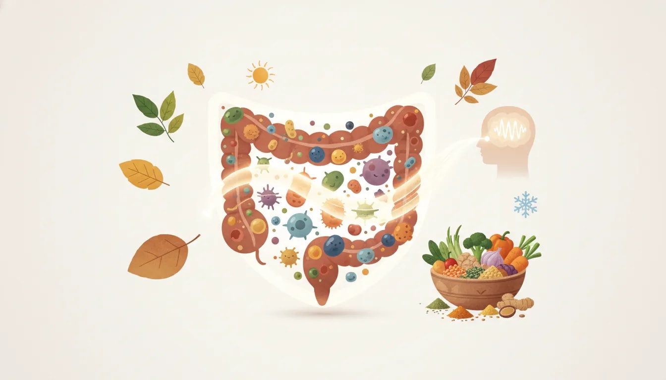 Ilustración sobre diversidad microbiana: intestino con microbiota variada y enfoque ayurvédico de alimentación estacional