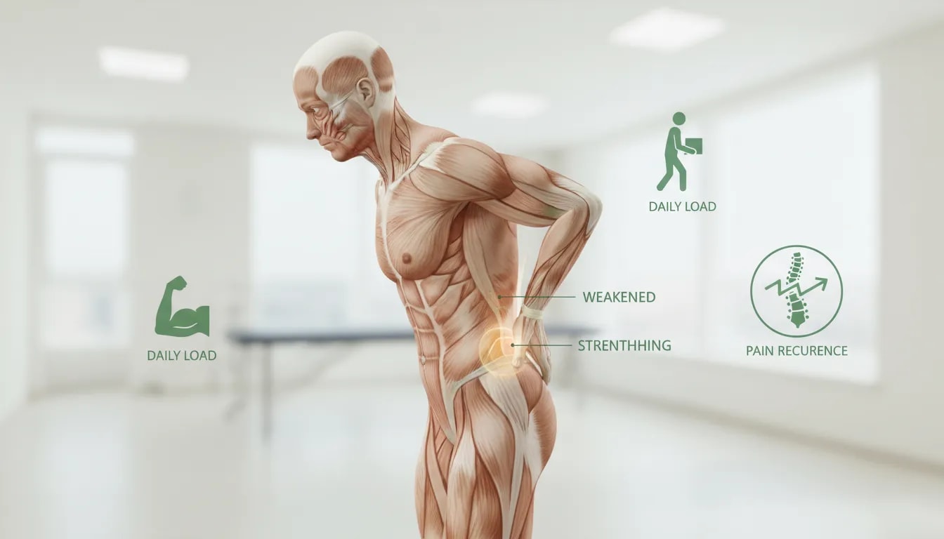Ilustración que explica que el dolor lumbar puede originarse por debilidad muscular y requiere fortalecimiento