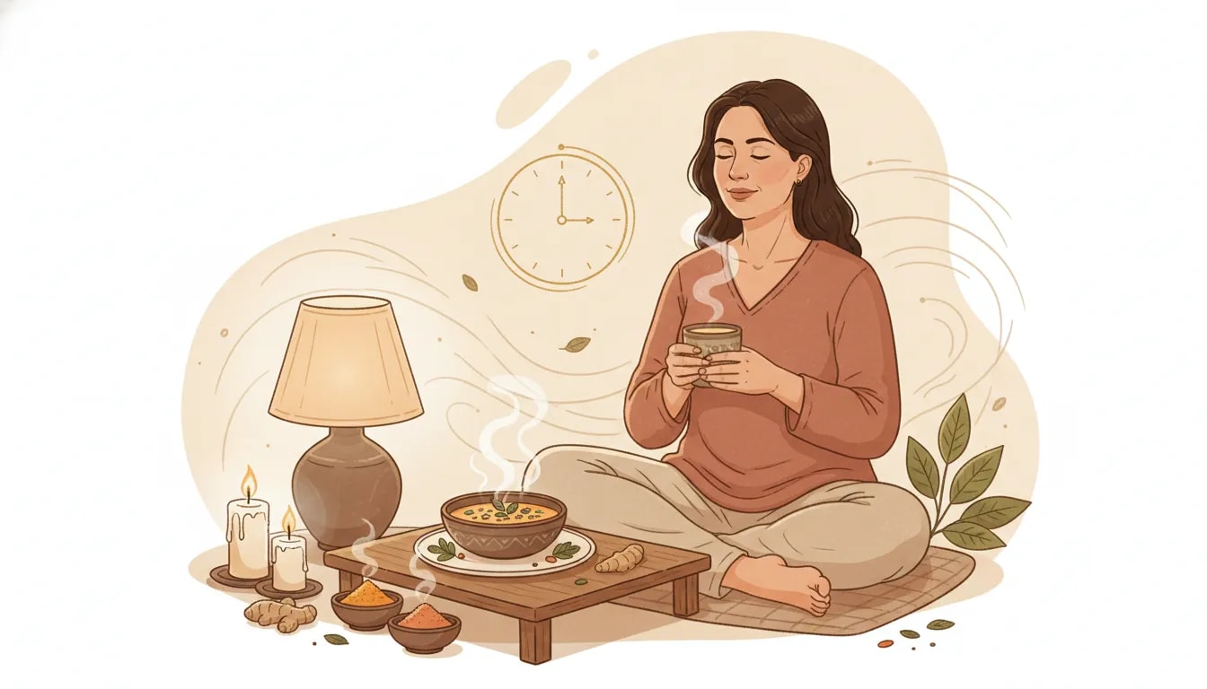 Ilustración estilo editorial sobre el dosha Vata en perimenopausia: mujer en calma con bebida tibia, comida reconfortante y símbolos de regularidad Ayurveda