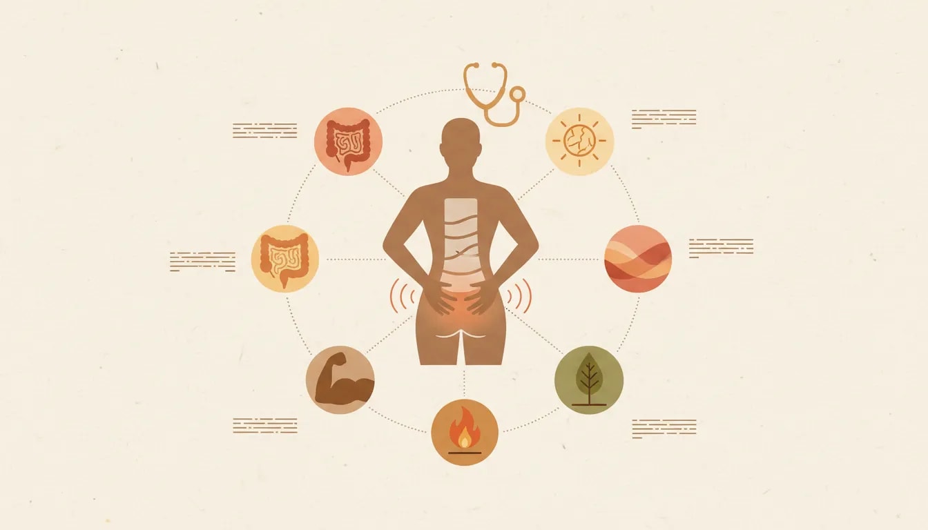 Ilustración que representa la evaluación personalizada en Ayurveda para el dolor de espalda, identificando la causa raíz más allá de la zona dolorida