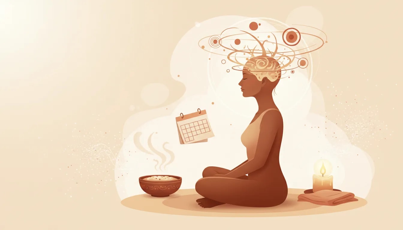 Ilustración que muestra cómo el exceso de Vata puede acelerar la mente y cómo la rutina y la contención ayudan a calmar la ansiedad en Ayurveda