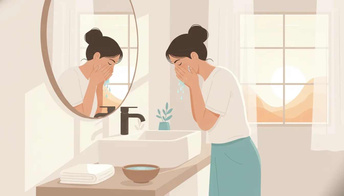 Persona realizando higiene matutina ayurvédica al despertar: lavado de rostro con agua