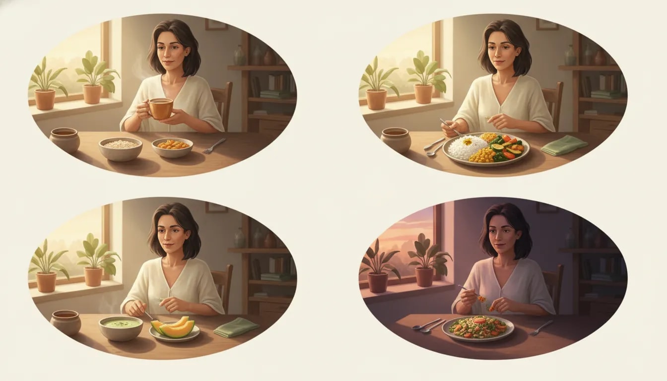 Ilustración que muestra horarios de comida ayurvédicos: desayuno por la mañana, comida principal al mediodía, snack ligero a media tarde y cena temprana.