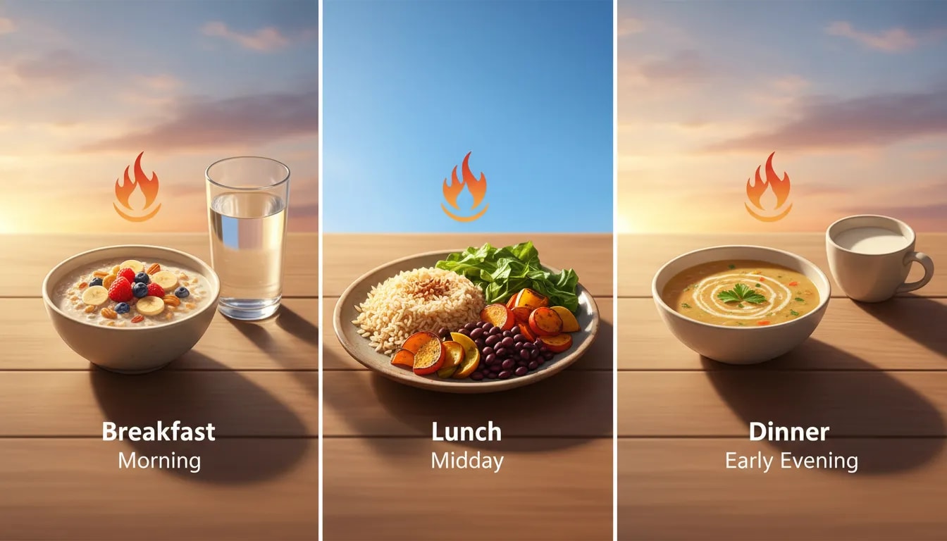 Ilustración de horarios ayurvédicos: desayuno ligero, almuerzo como comida principal y cena temprana con leche tibia
