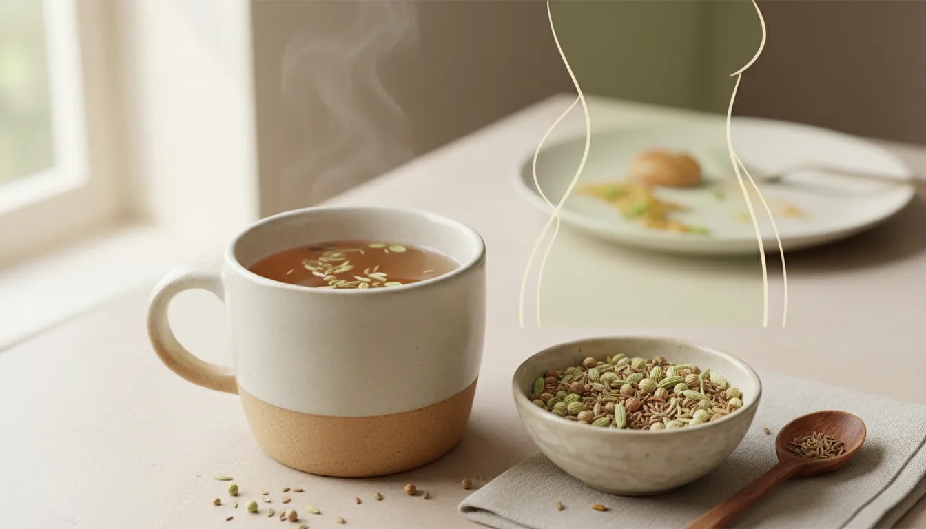 Taza de infusión tibia de cilantro, hinojo y comino para gases y digestión lenta