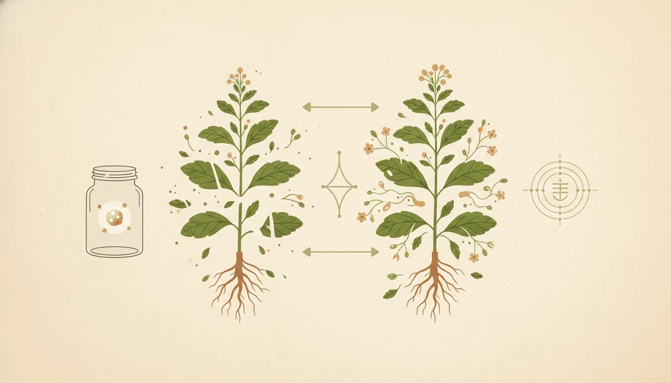Ilustración que compara extractos aislados de una planta vs. el enfoque integral ayurvédico con la planta completa y sus componentes