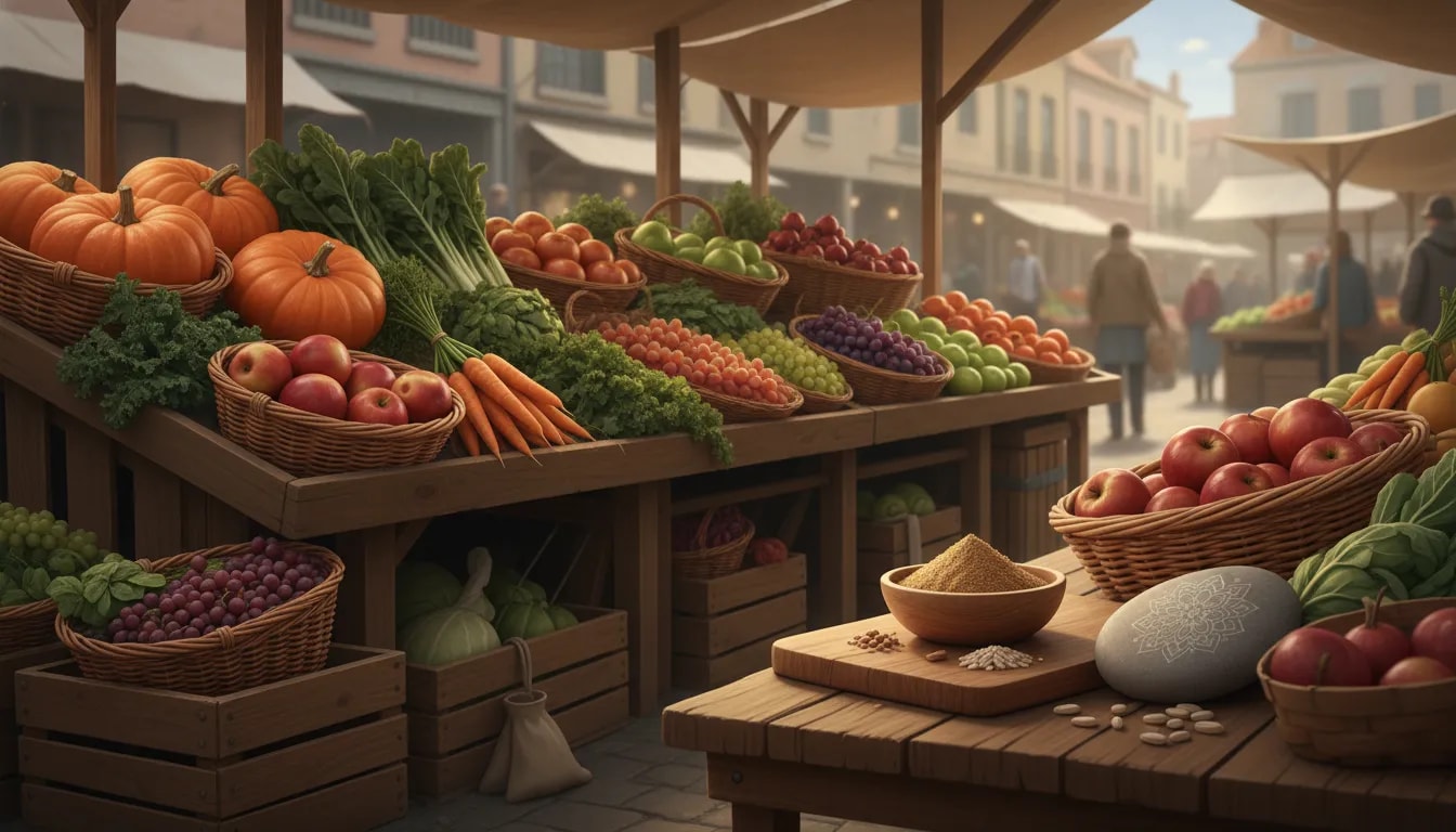 Mercado de barrio con frutas y verduras locales de temporada para una dieta ayurvédica