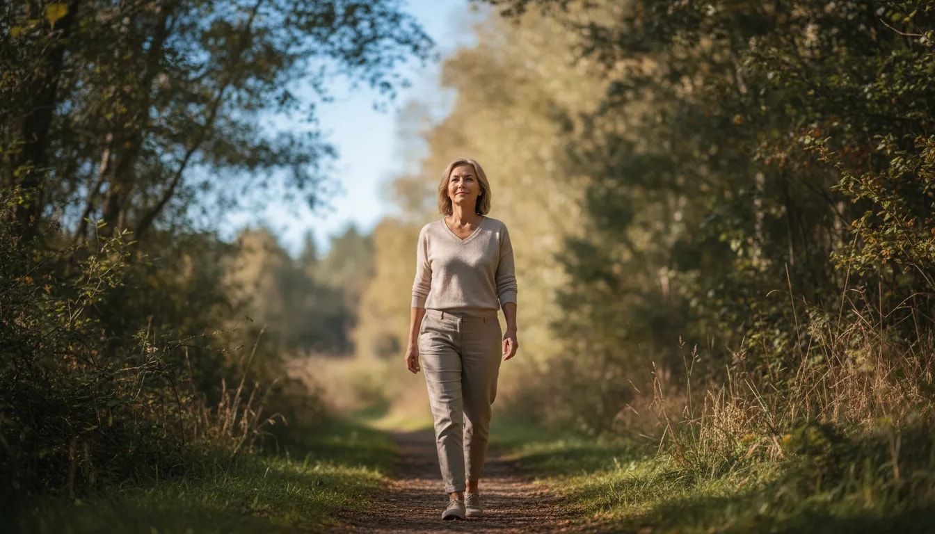 Mujer caminando en la naturaleza con calma para bajar la carga mental en perimenopausia