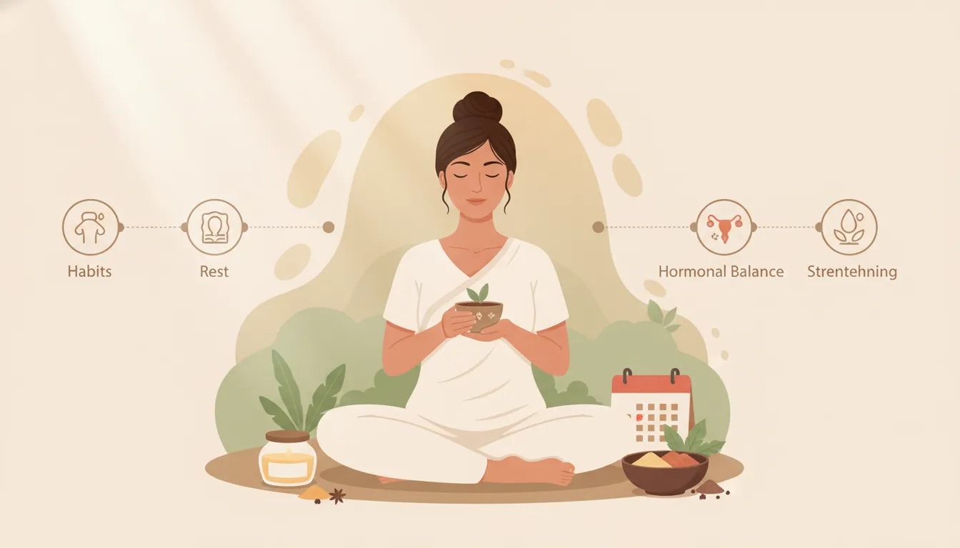 Ilustración ayurvédica de preparación antes de concebir con meditación, ghee y enfoque en rutina y equilibrio hormonal