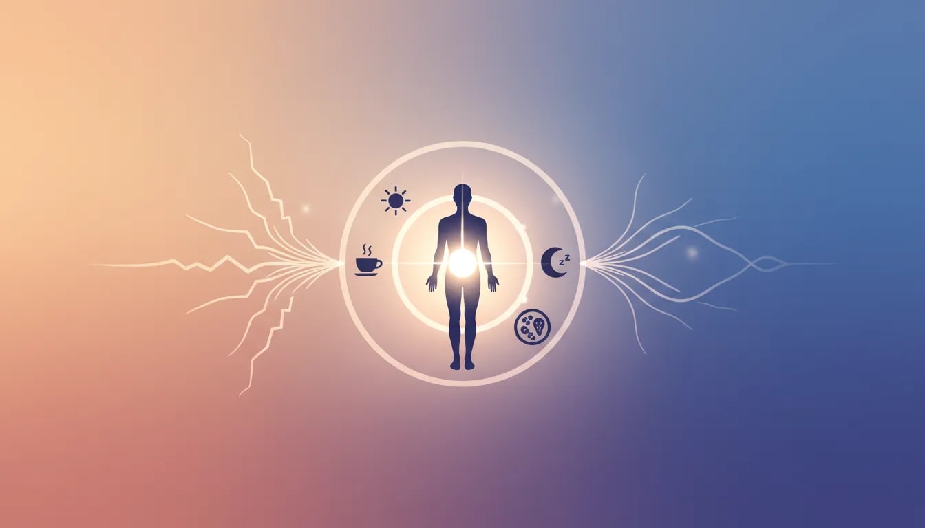 Ilustración conceptual que muestra cómo los ritmos circadianos estables ayudan a la longevidad, con luz del amanecer, sueño y digestión coordinados.