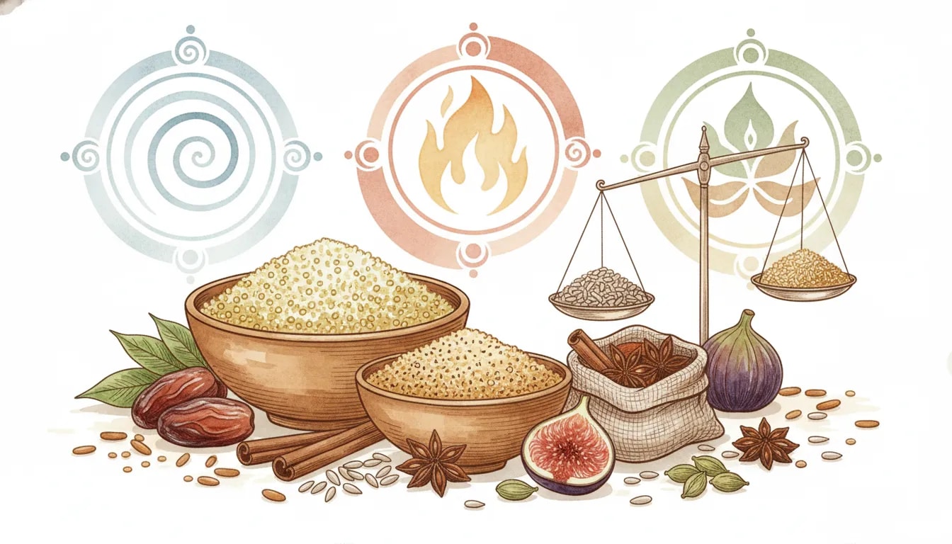 Variedad de alimentos naturalmente dulces (dátiles, higos y cereales) representando el concepto ayurvédico de “sabor dulce” como balance