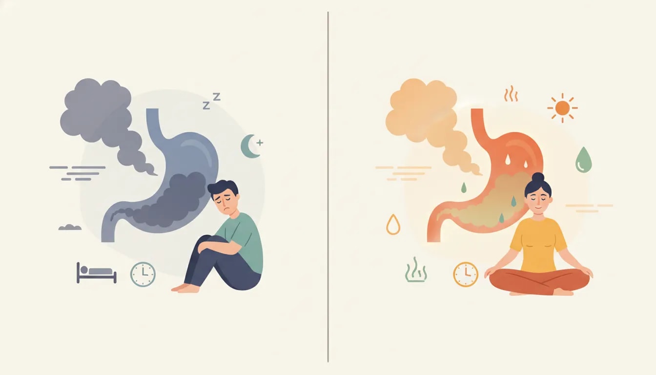 Ilustración conceptual de Ayurveda mostrando un “clima interno” cálido y húmedo frente a pesadez y estancamiento digestivo