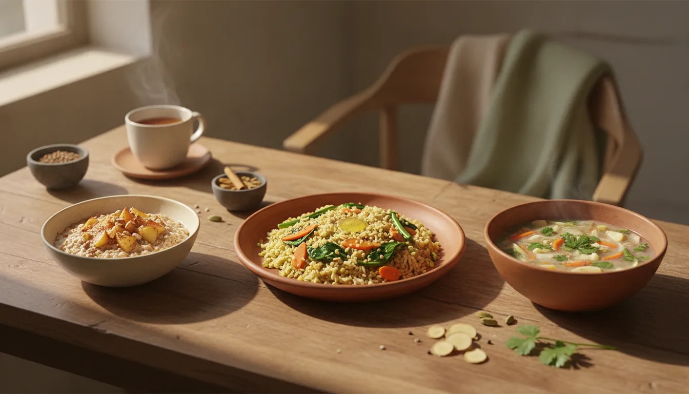 Almuerzo principal ayurvédico con kitchari, especias y cena ligera temprana para mejorar digestión