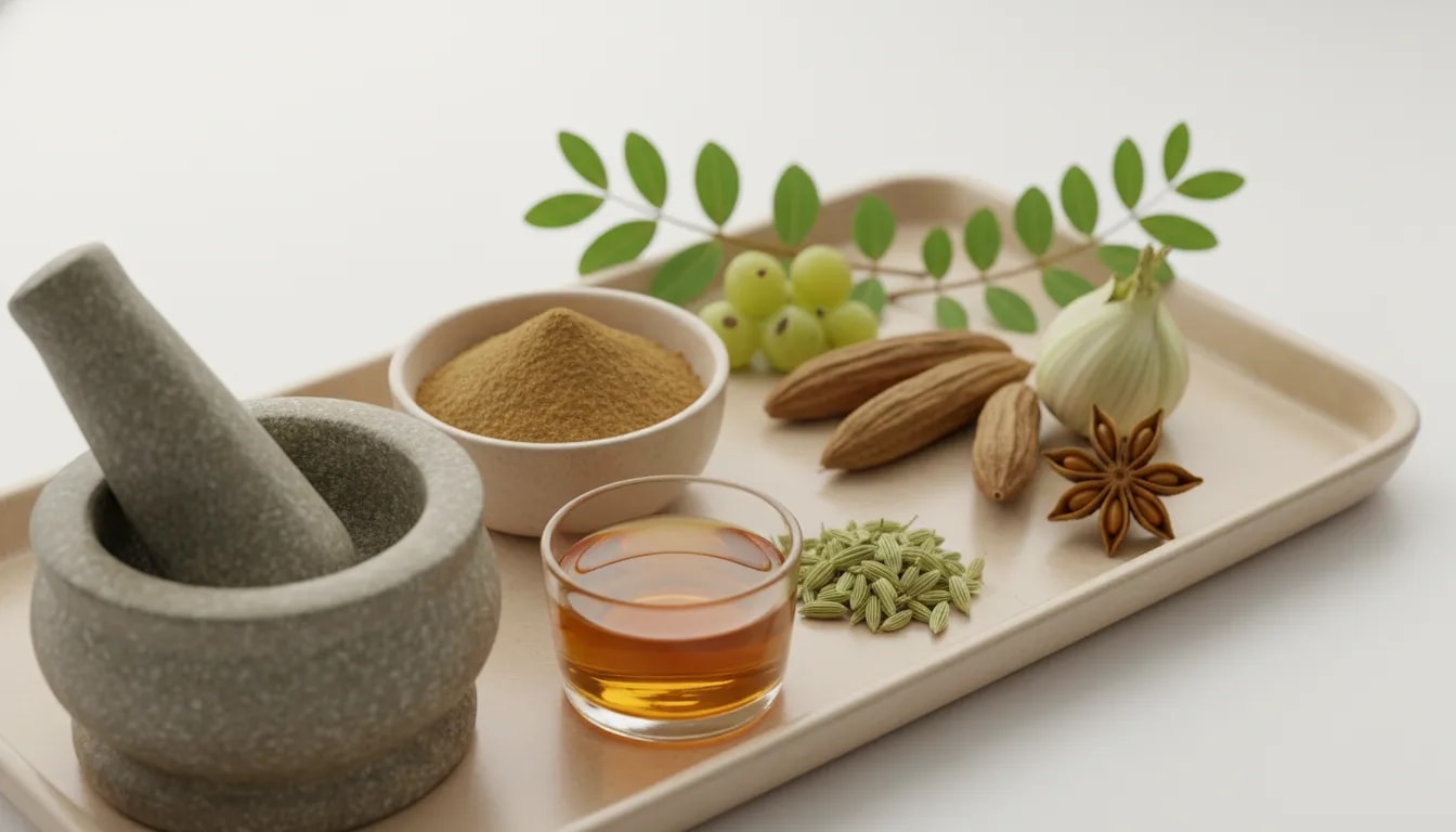 Avipattikar churna ayurvédica con amla, haritaki e hinojo, polvo herbal y vaso de agua tibia