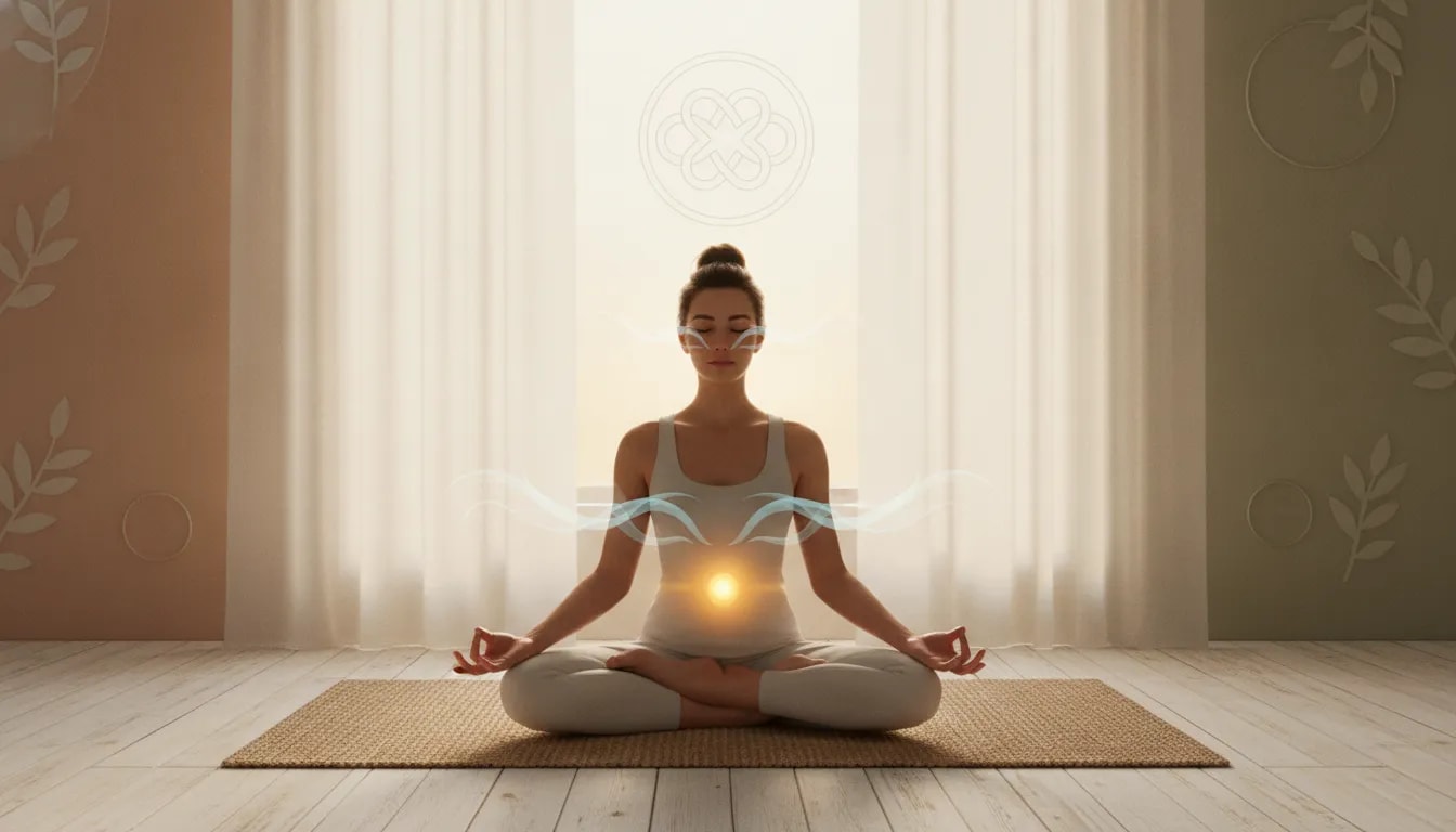 Meditación en yoga con símbolos de equilibrio integral entre Ayurveda, respiración y fuego digestivo (Agni)